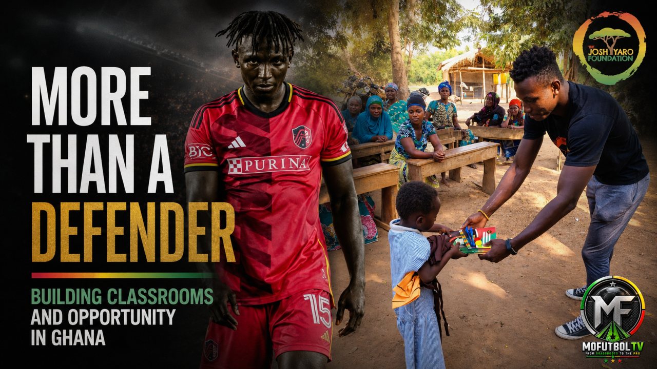 Josh Yaro in a St. Louis CITY SC kit and distributing school supplies through the Josh Yaro Foundation in Ghana