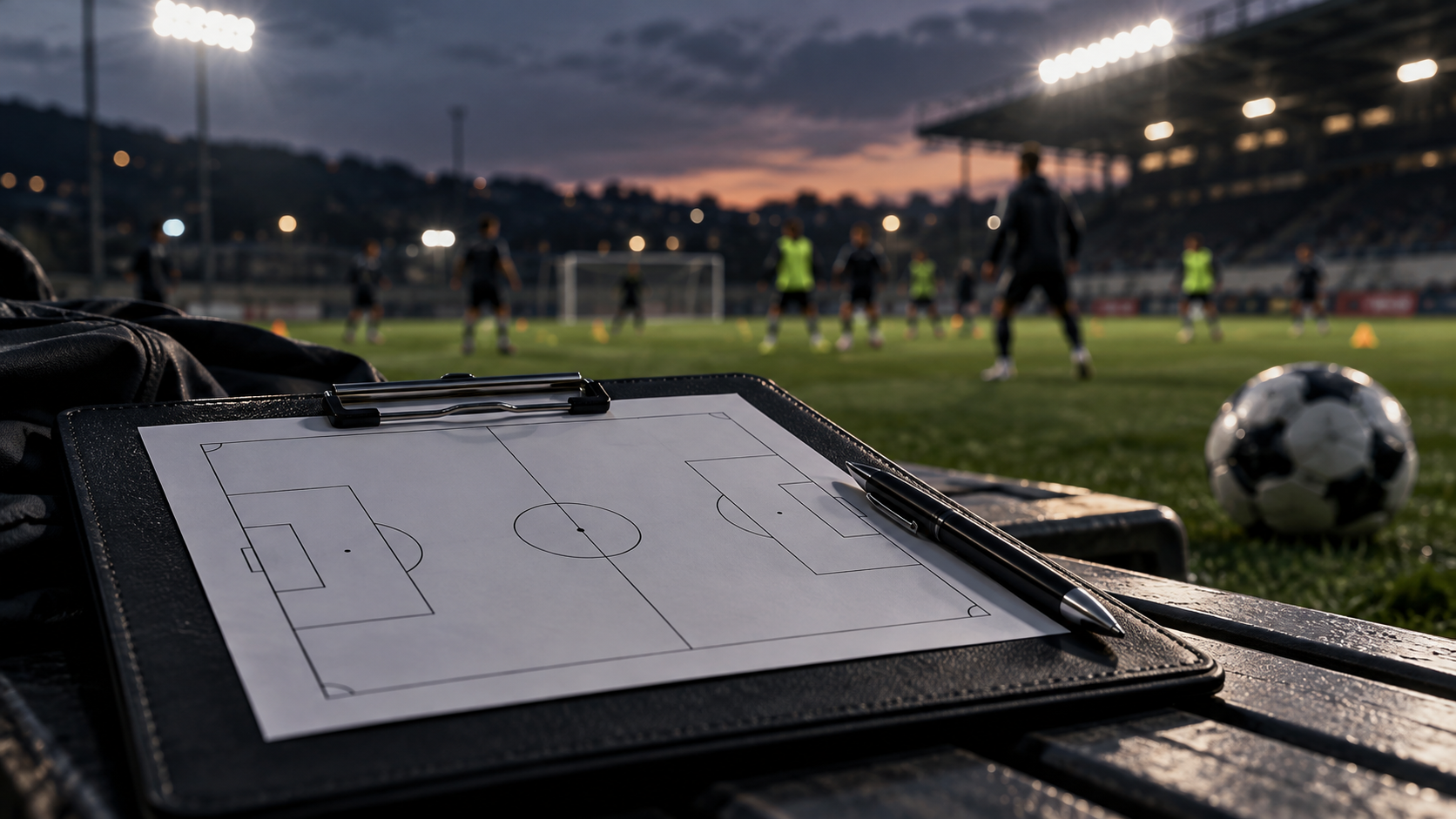 Soccer coach assessment clipboard by a field