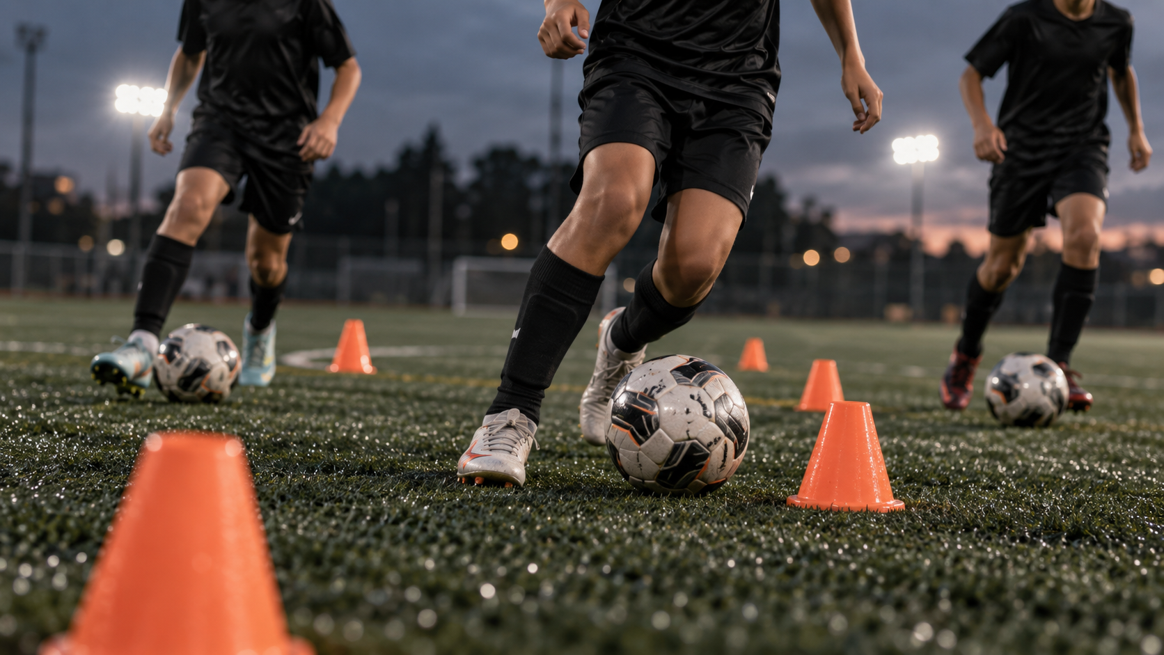 Youth soccer players training through cones with balls
