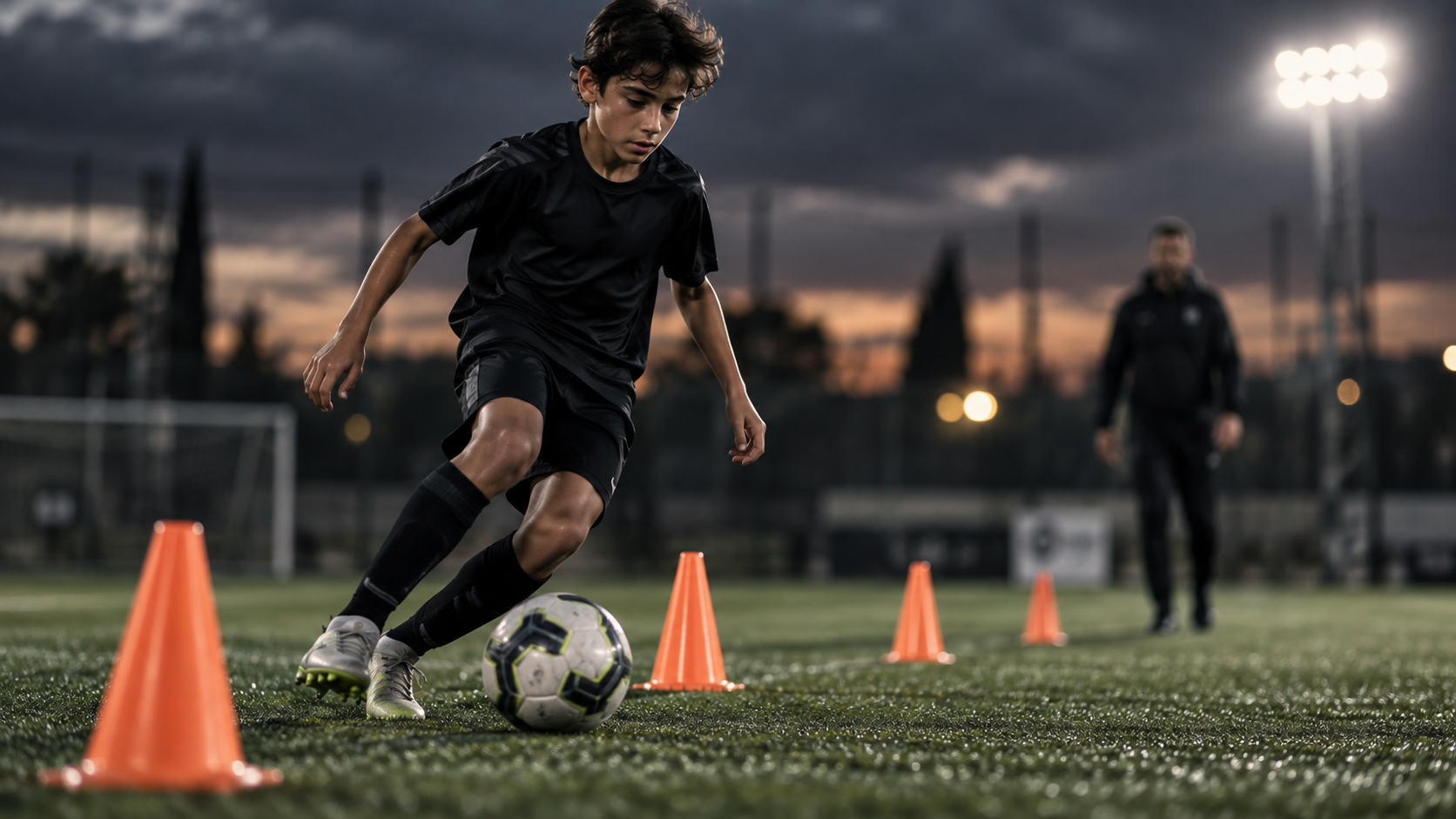 Youth soccer player practicing with a ball and cones
